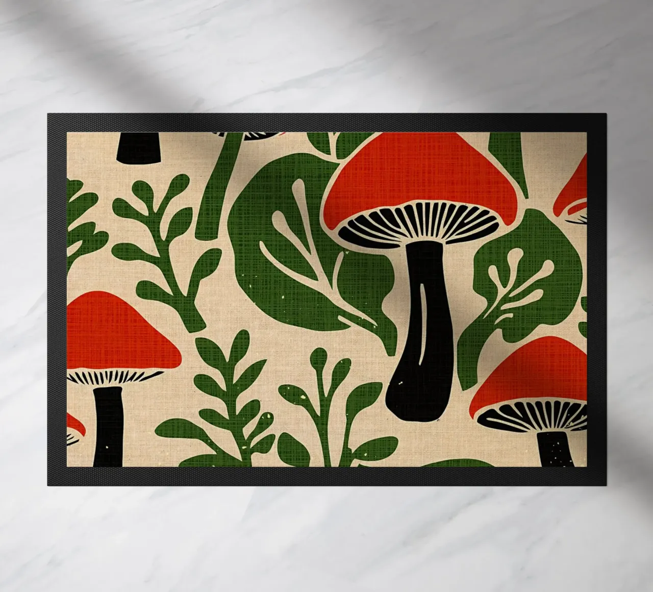 Red Mmuhsrooms doormat by Providence Mbabazi Studio