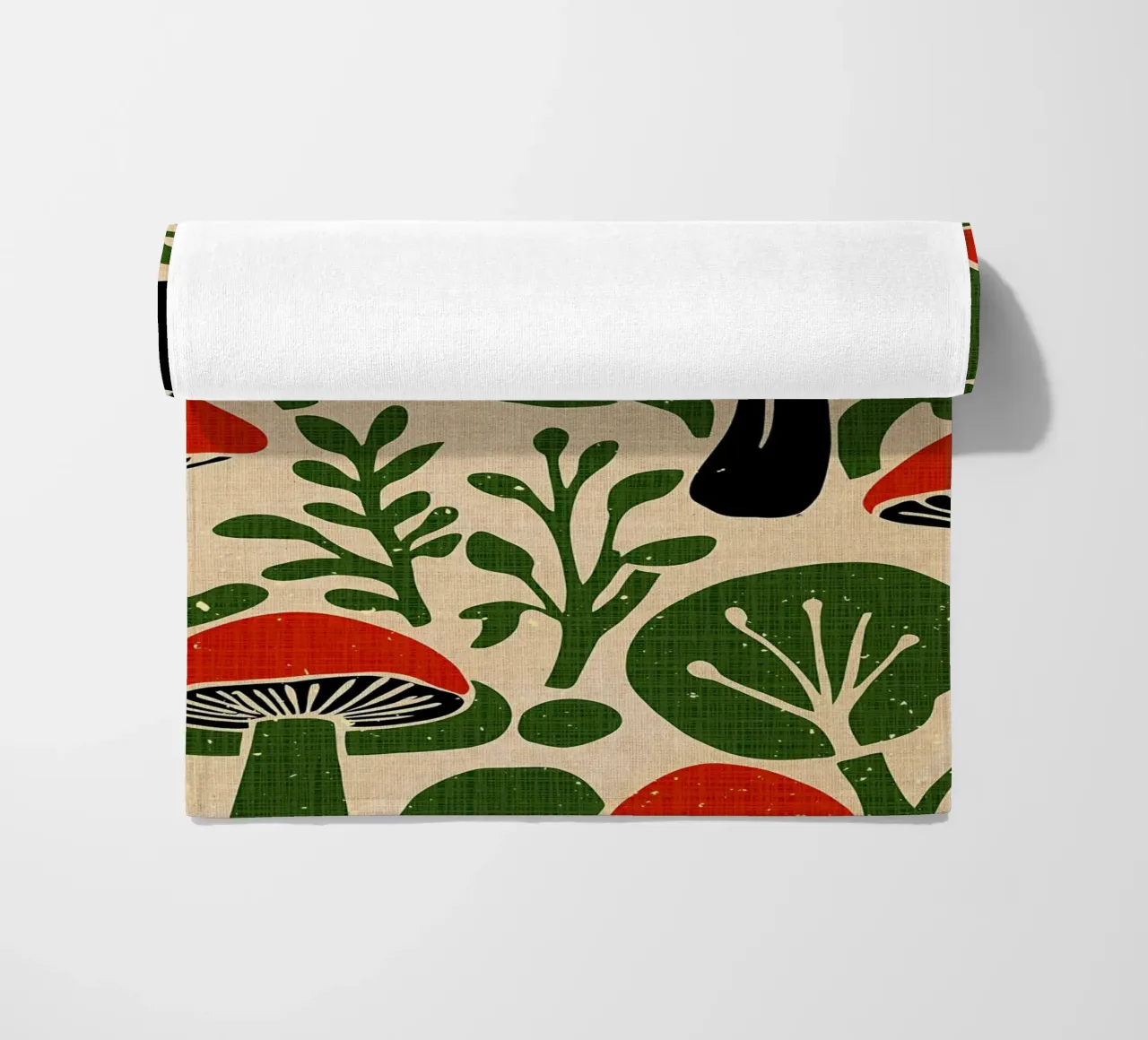 Red Mmuhsrooms beach towel by Providence Mbabazi Studio