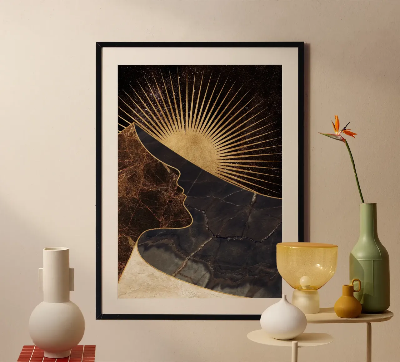 abstract surrealist landscape sun poster con telaio in alluminio da vintageshop
