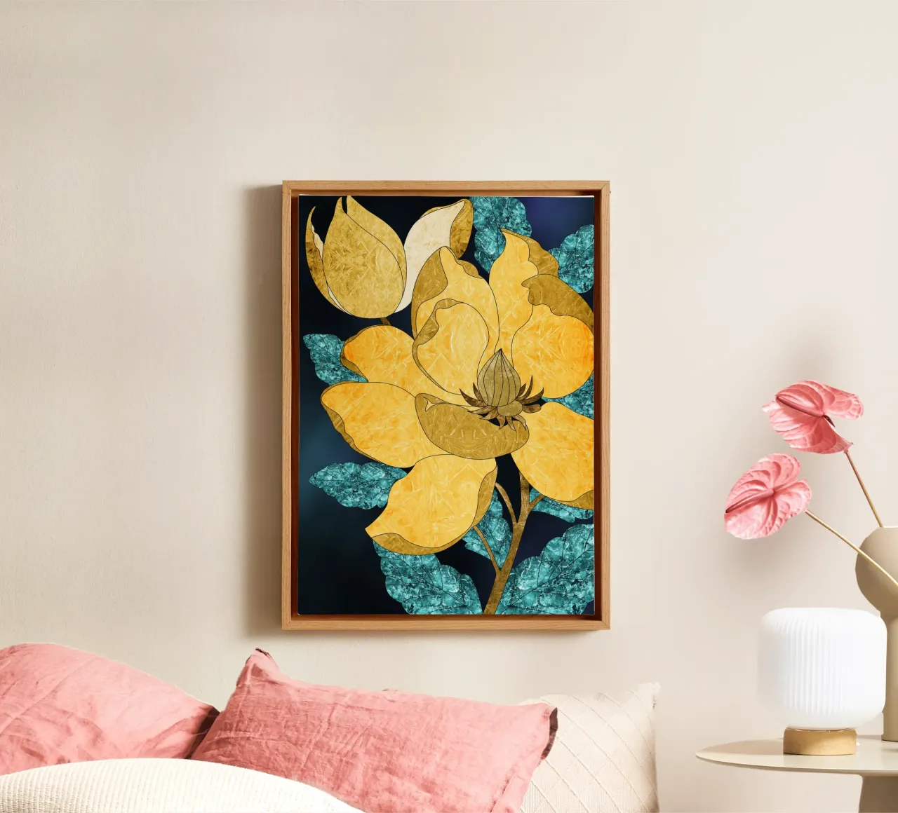 abstract surrealist yellow flower canvas with Floater frame by vintageshop