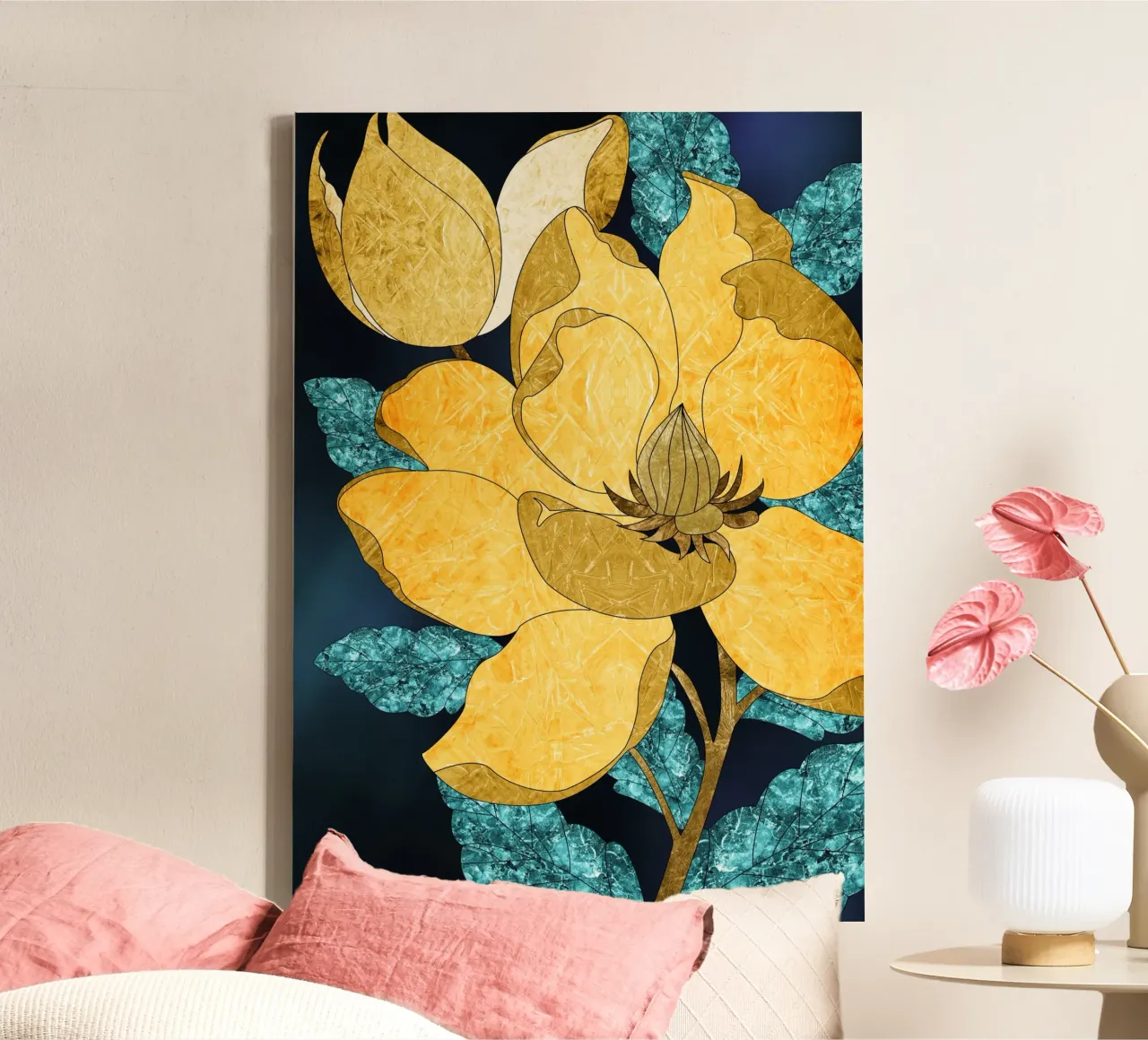 abstract surrealist yellow flower canvas with Floater frame by vintageshop