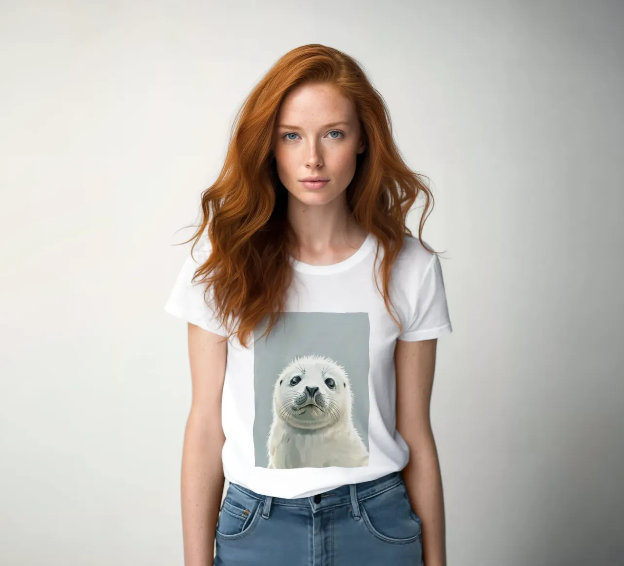 Porträt einer jungen Robbe, die neugierig mit einem weichen Frauen T-Shirt von DesignDoodle