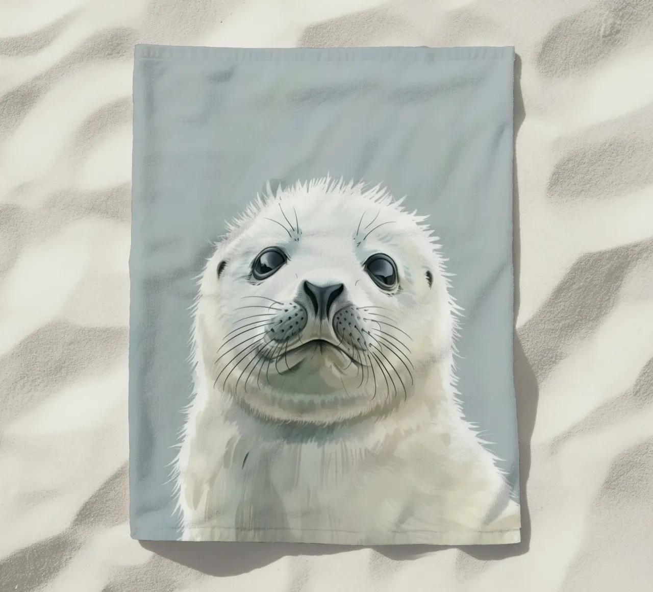 Portrait of a young seal looking curiously with a soft beach towel by DesignDoodle