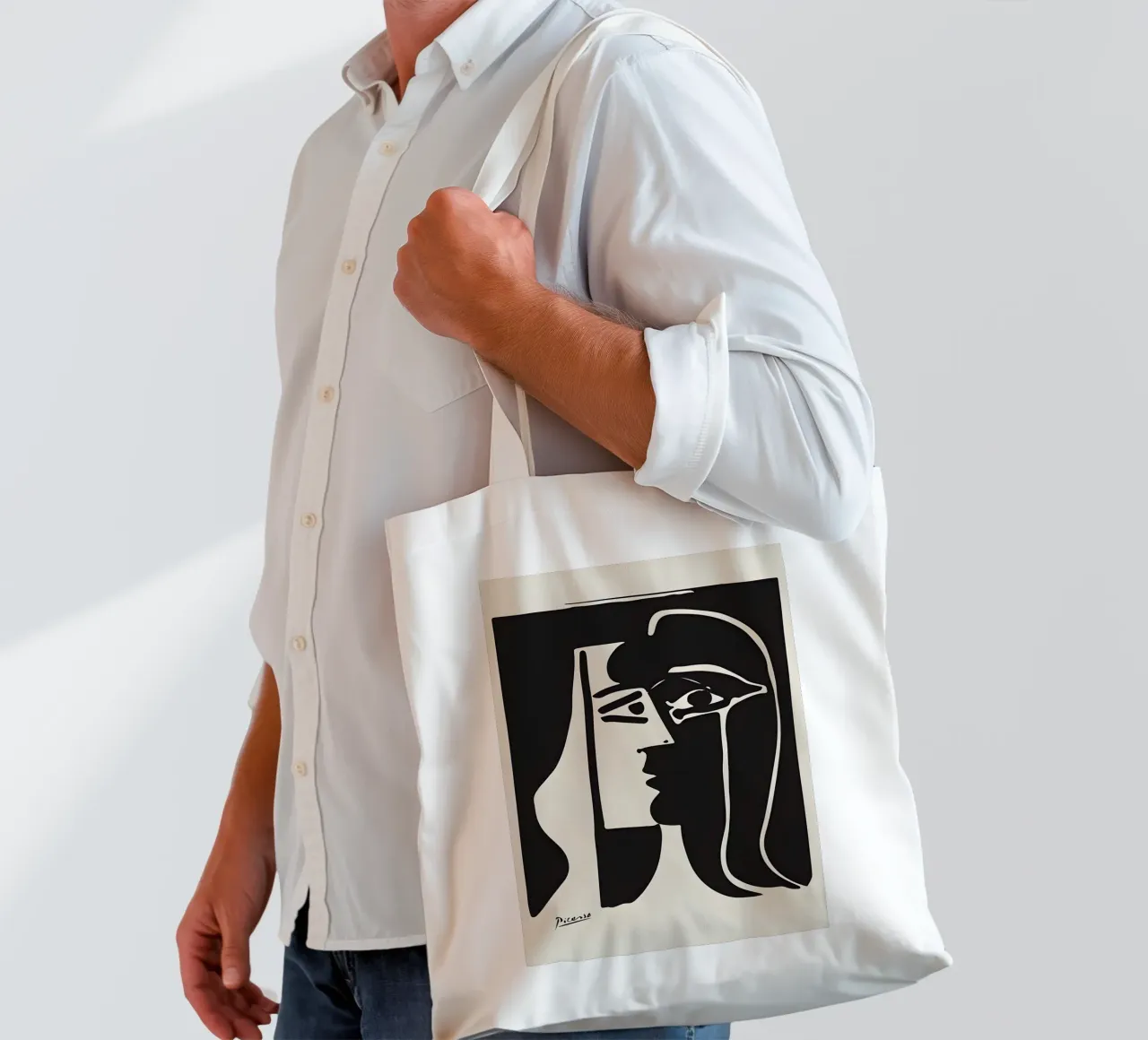 Picasso Zwart Wit Surrealistisch Profiel Abstract Gezicht jute draagtas van homdeco