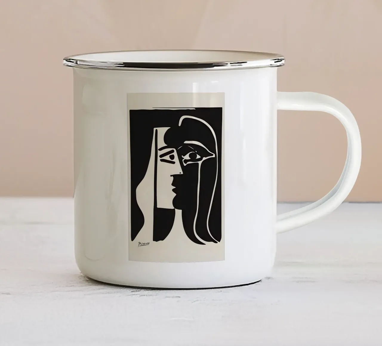 Picasso Zwart Wit Surrealistisch Profiel Abstract Gezicht emaille mok van homdeco