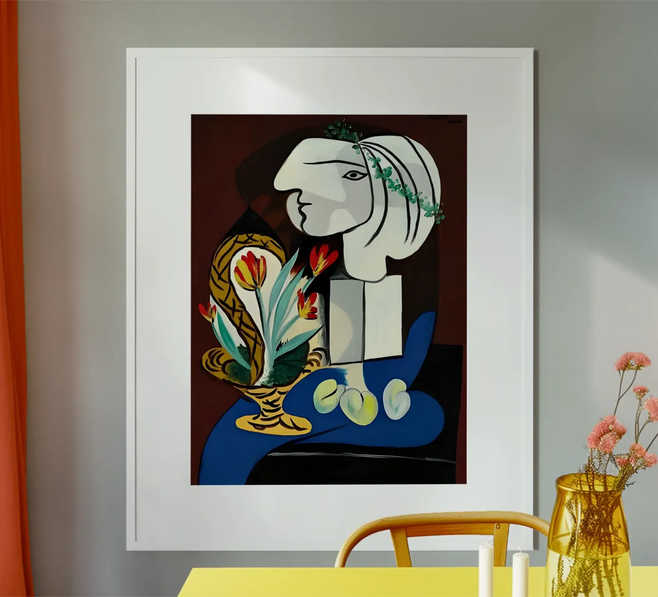 Picasso Donna con tulipani Ritratto cubista Blu Rosso poster con telaio in legno da homdeco