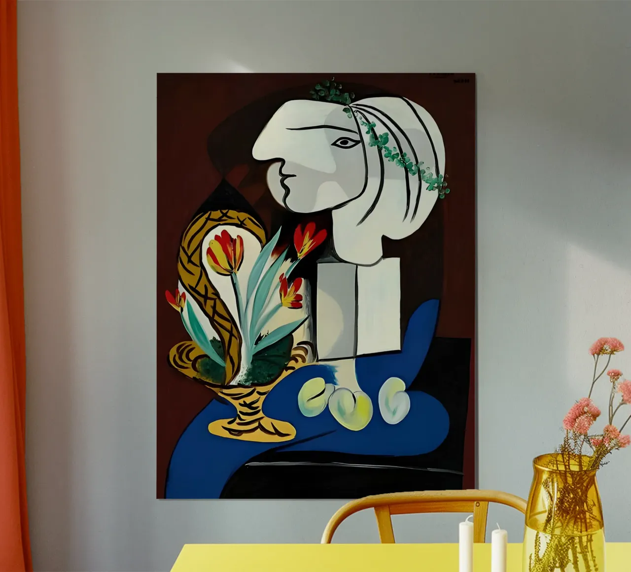 Picasso Donna con tulipani Ritratto cubista Blu Rosso poster con telaio in legno da homdeco