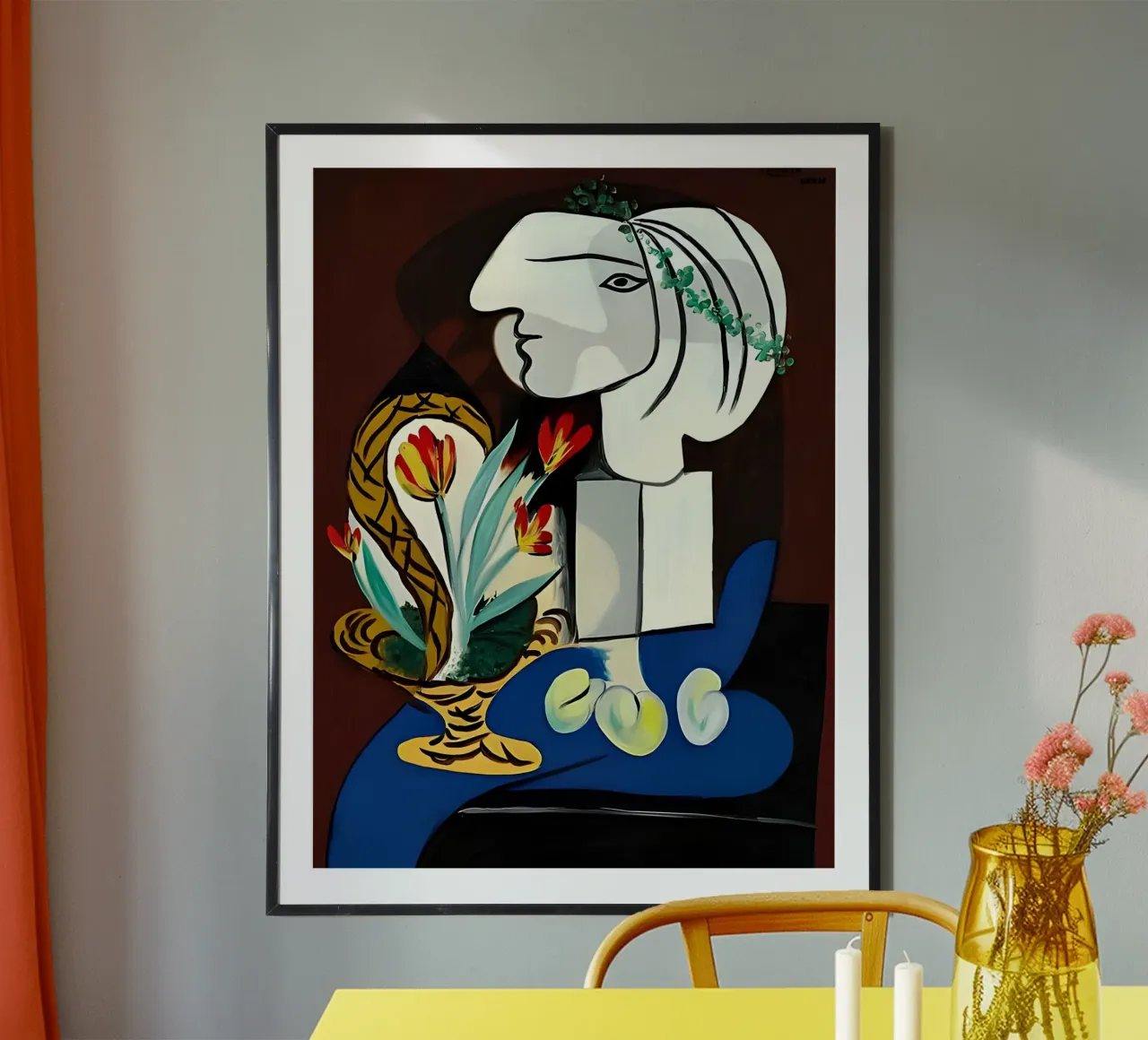 Picasso Donna con tulipani Ritratto cubista Blu Rosso poster con telaio in legno da homdeco
