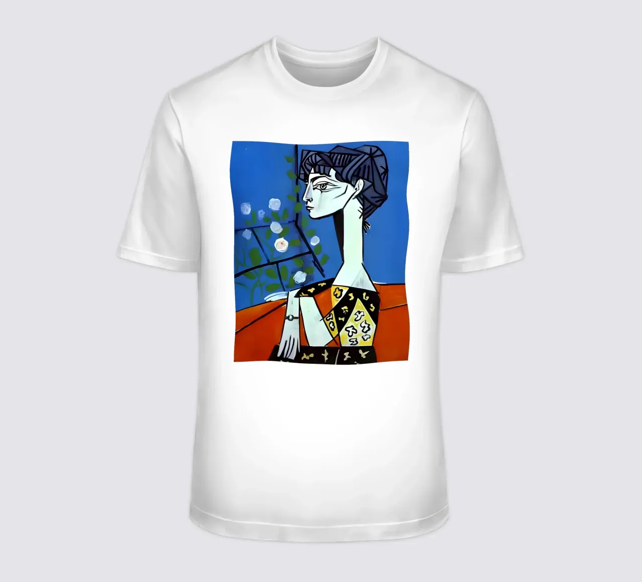 Picasso Woman with White Roses Cubist Blue Portrait t-shirt by homdeco