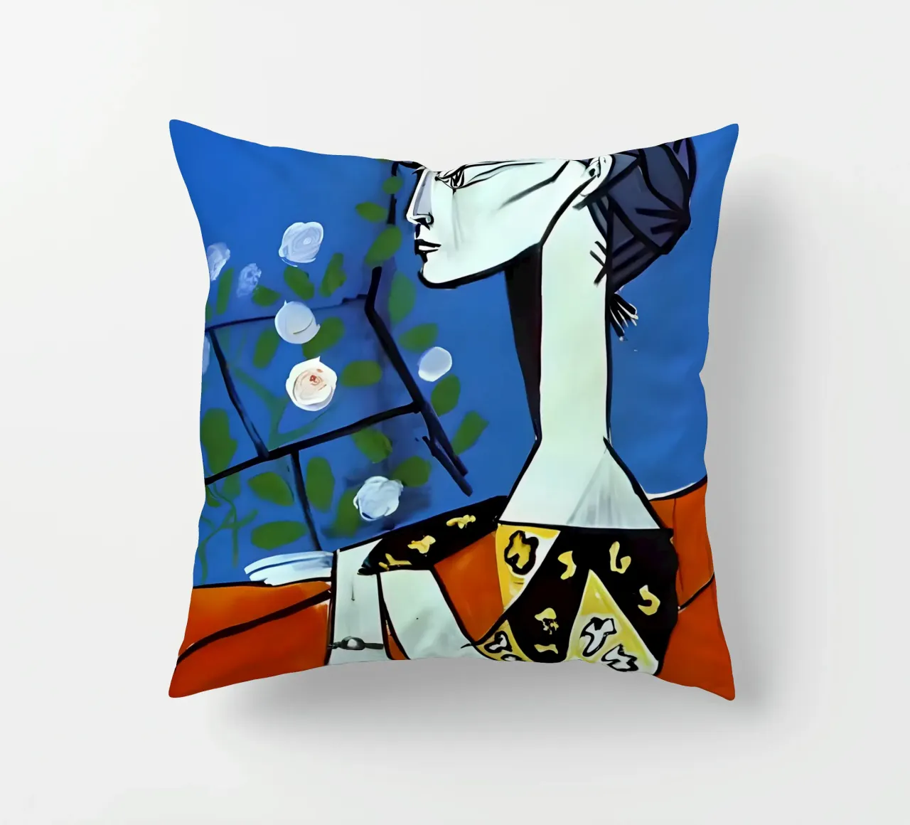 Picasso Donna con rose bianche Ritratto cubista blu cuscino da homdeco