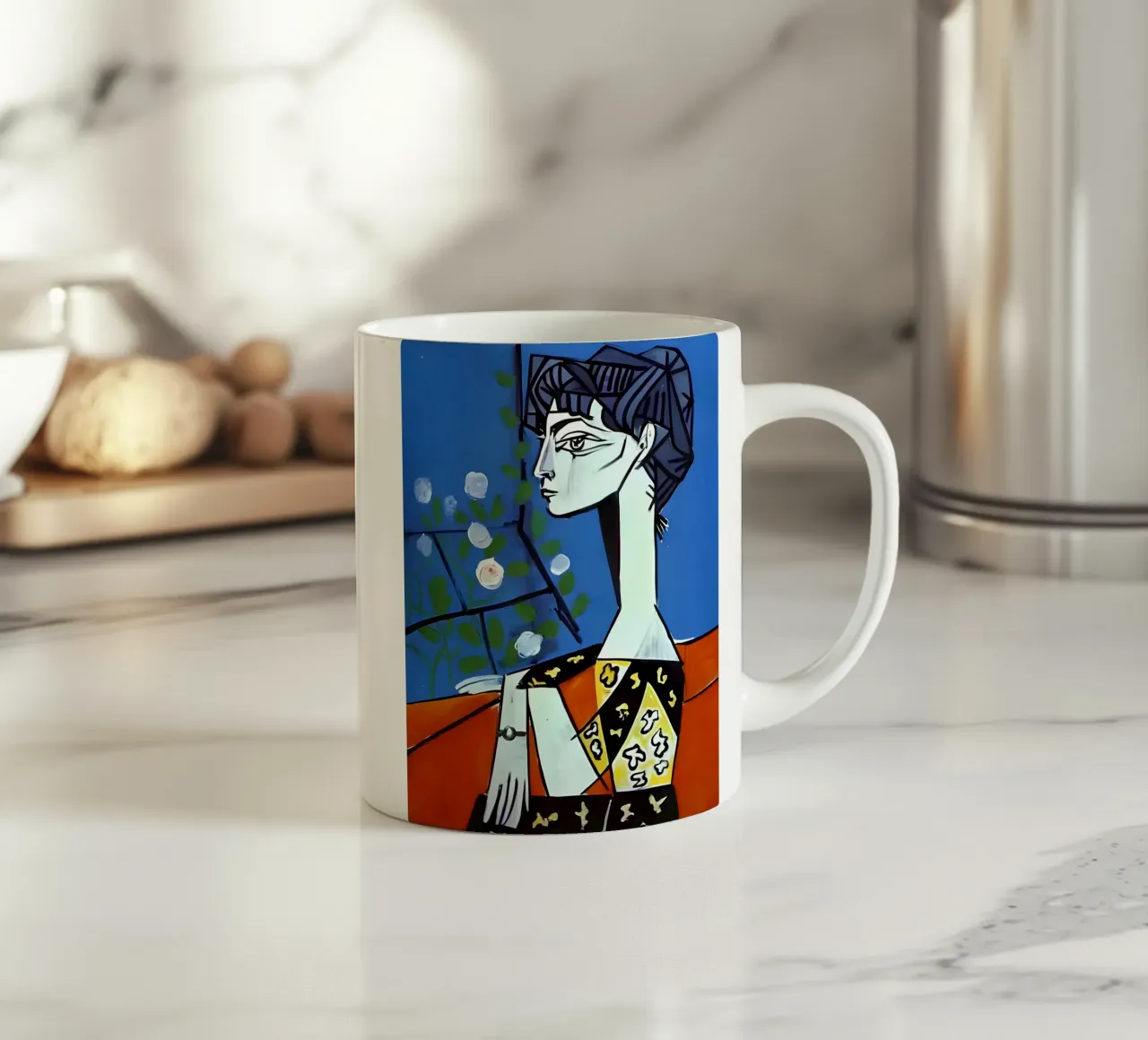 Picasso Donna con rose bianche Ritratto cubista blu tazza in ceramica da homdeco