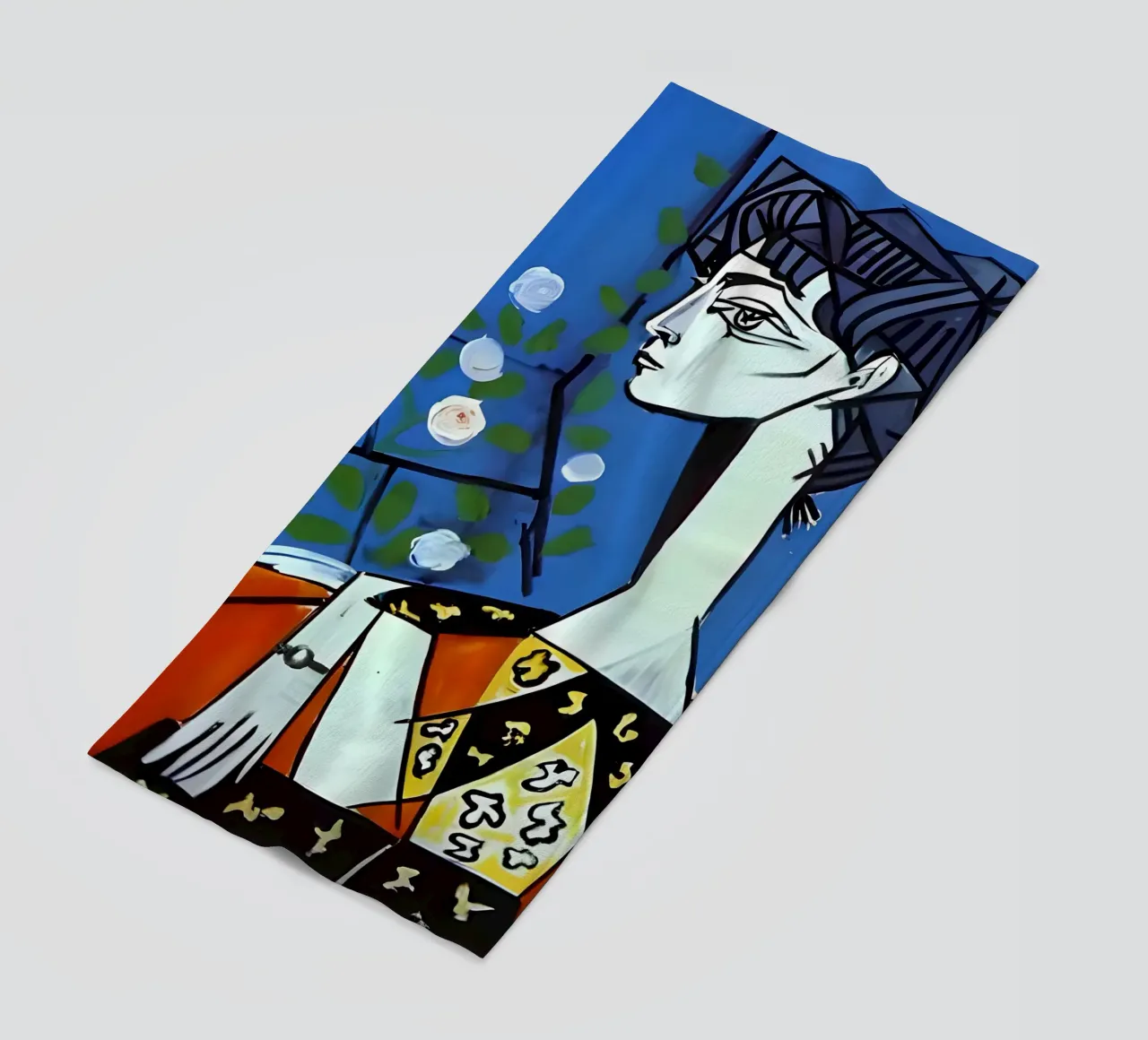 Picasso Donna con rose bianche Ritratto cubista blu telo mare da homdeco