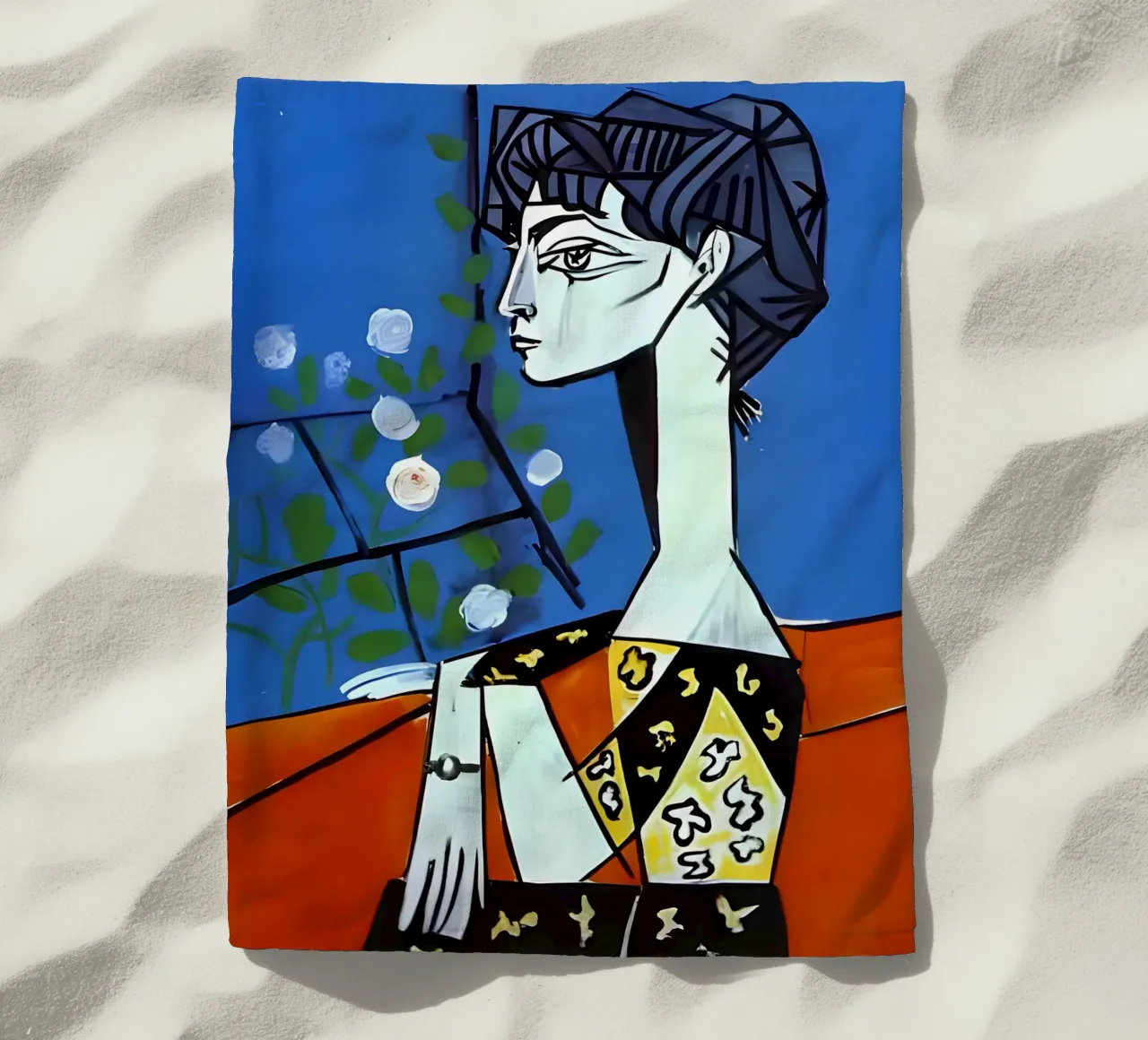 Picasso Donna con rose bianche Ritratto cubista blu telo mare da homdeco