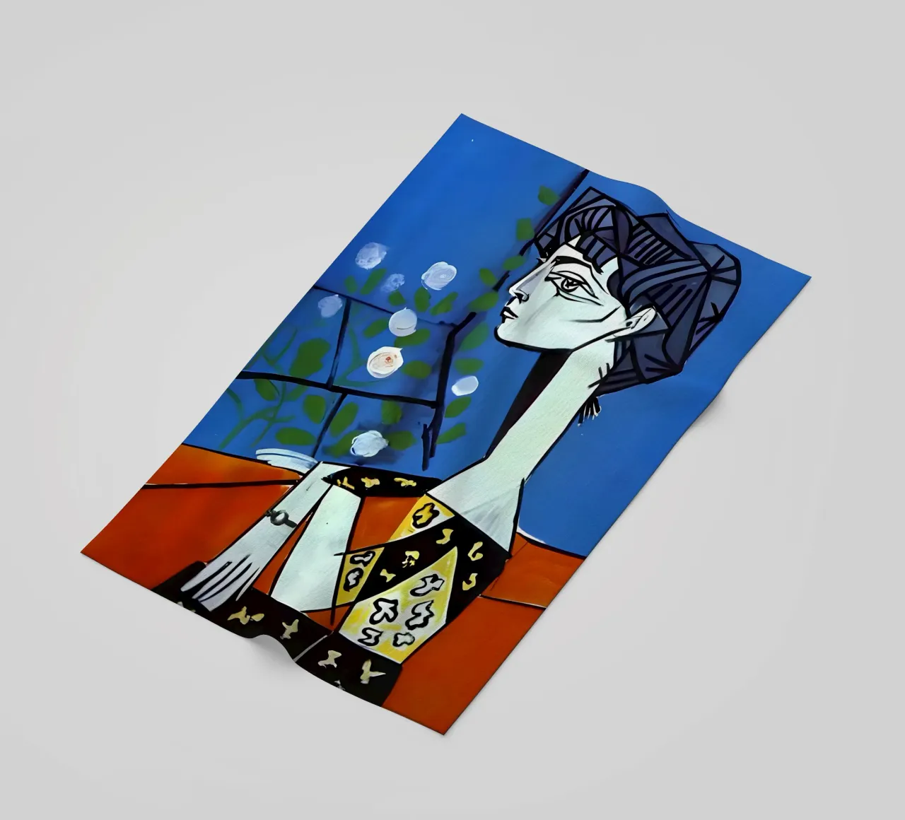 Picasso Donna con rose bianche Ritratto cubista blu telo mare da homdeco