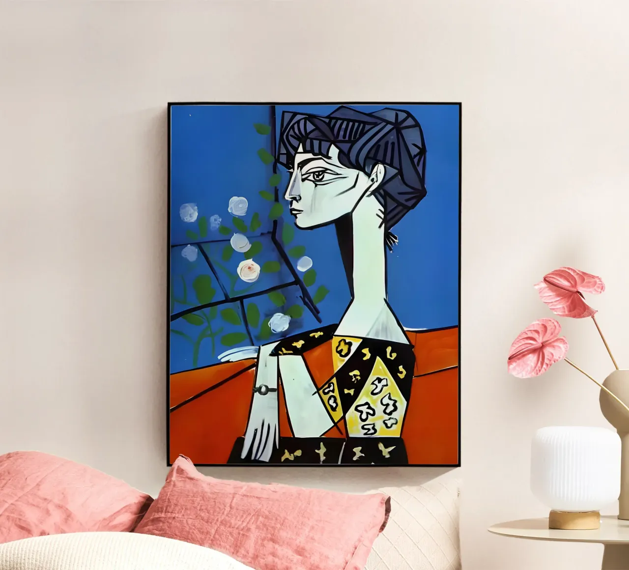 Picasso Donna con rose bianche Ritratto cubista blu plexiglass da homdeco