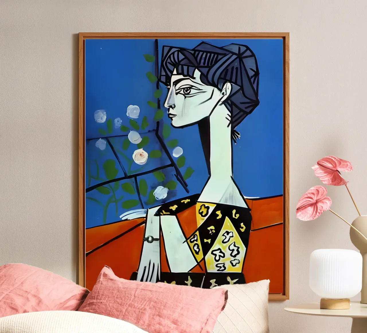 Picasso Donna con rose bianche Ritratto cubista blu alluminio dibond da homdeco