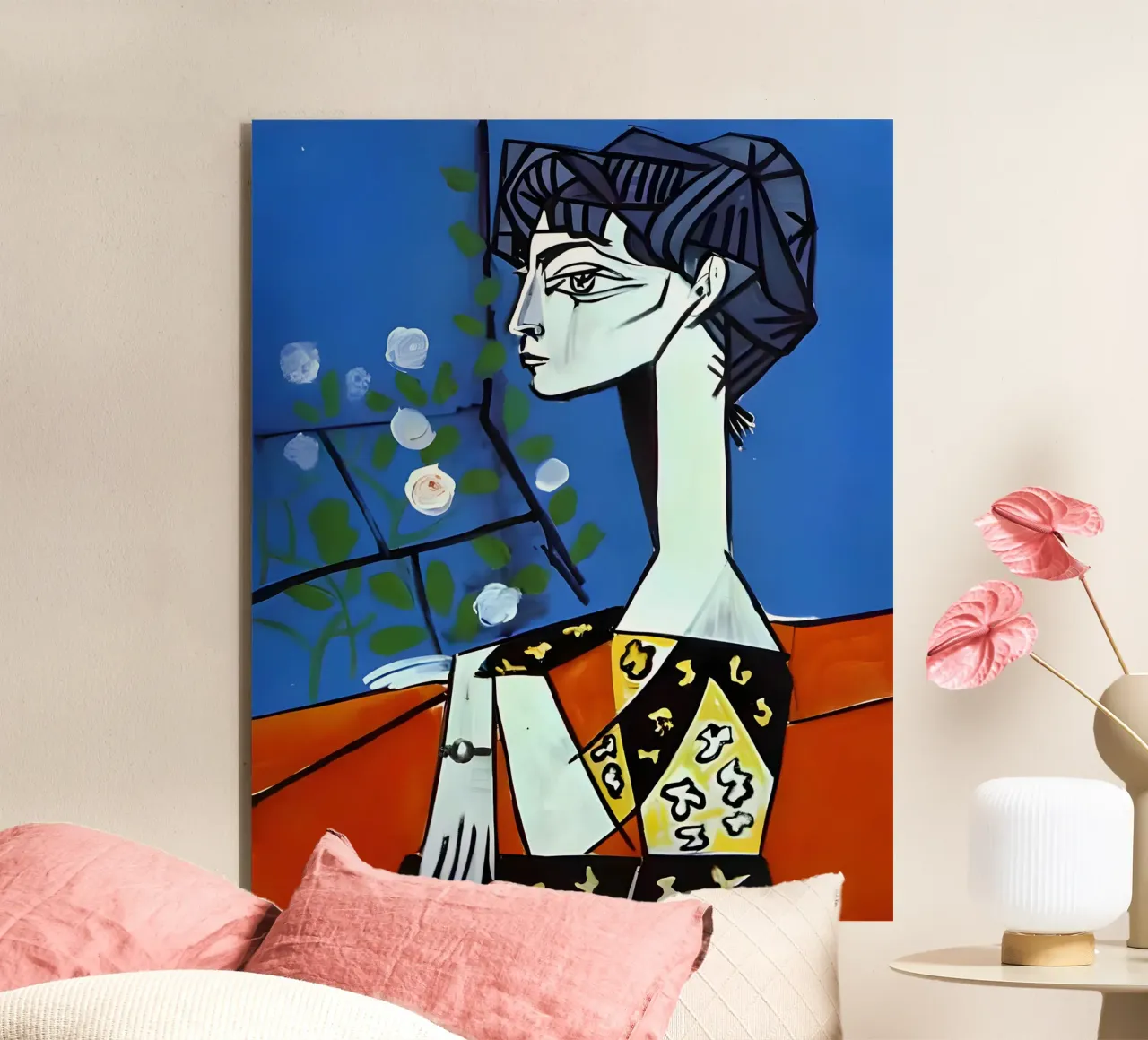 Picasso Donna con rose bianche Ritratto cubista blu alluminio dibond da homdeco