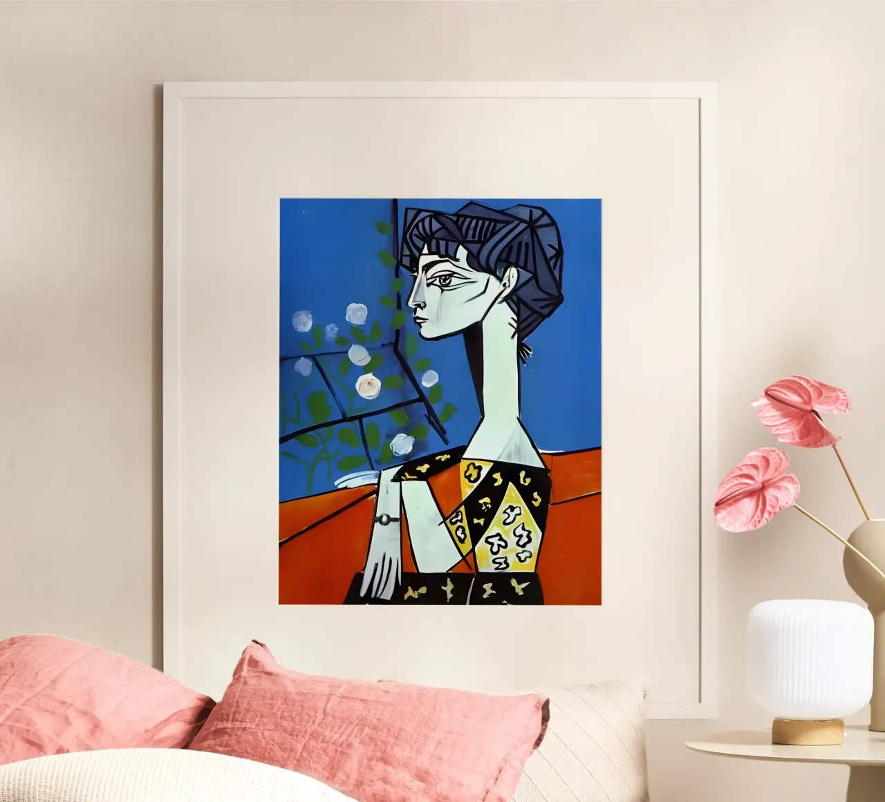 Picasso Donna con rose bianche Ritratto cubista blu carta hahnemühle da homdeco