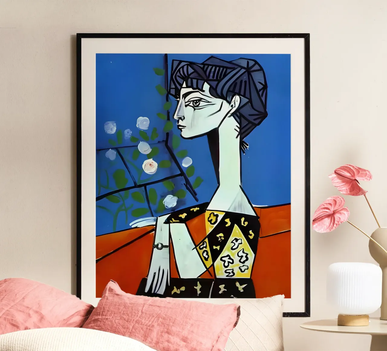 Picasso Donna con rose bianche Ritratto cubista blu carta hahnemühle da homdeco