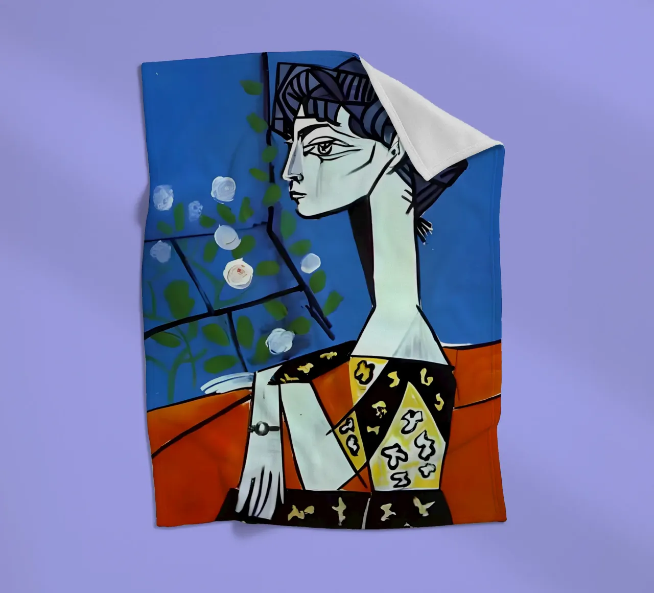 Picasso Donna con rose bianche Ritratto cubista blu coperta in pile da homdeco