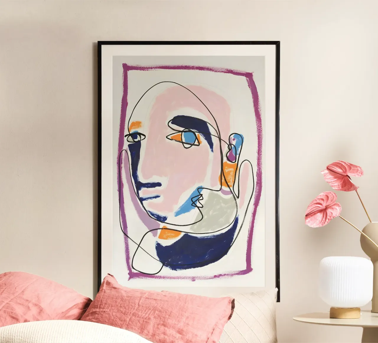 Volto astratto pastello Linea continua Arte Moderna Stampa poster con telaio in alluminio da homdeco