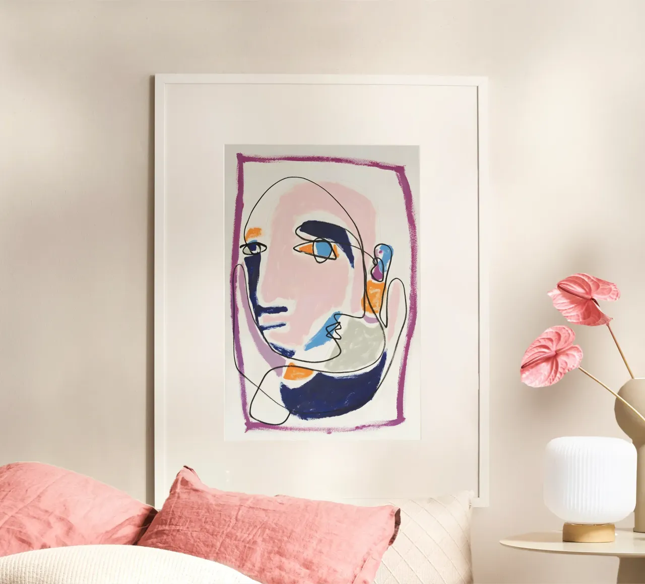 Volto astratto pastello Linea continua Arte Moderna Stampa poster con telaio in alluminio da homdeco