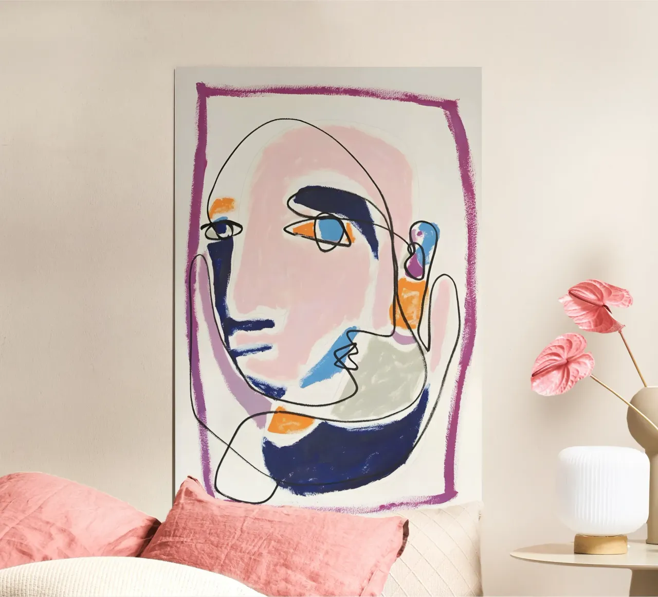 Volto astratto pastello Linea continua Arte Moderna Stampa poster con telaio in alluminio da homdeco