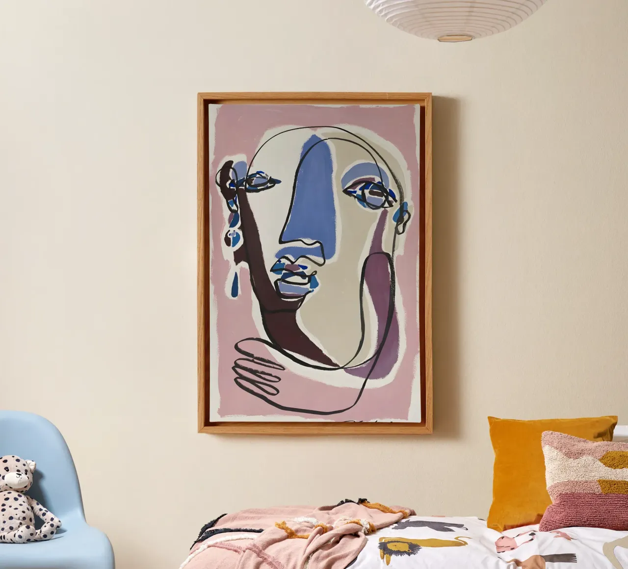 Abstract Face Continuous Line Art Pink Blue Purple canvas with Floater frame by homdeco
