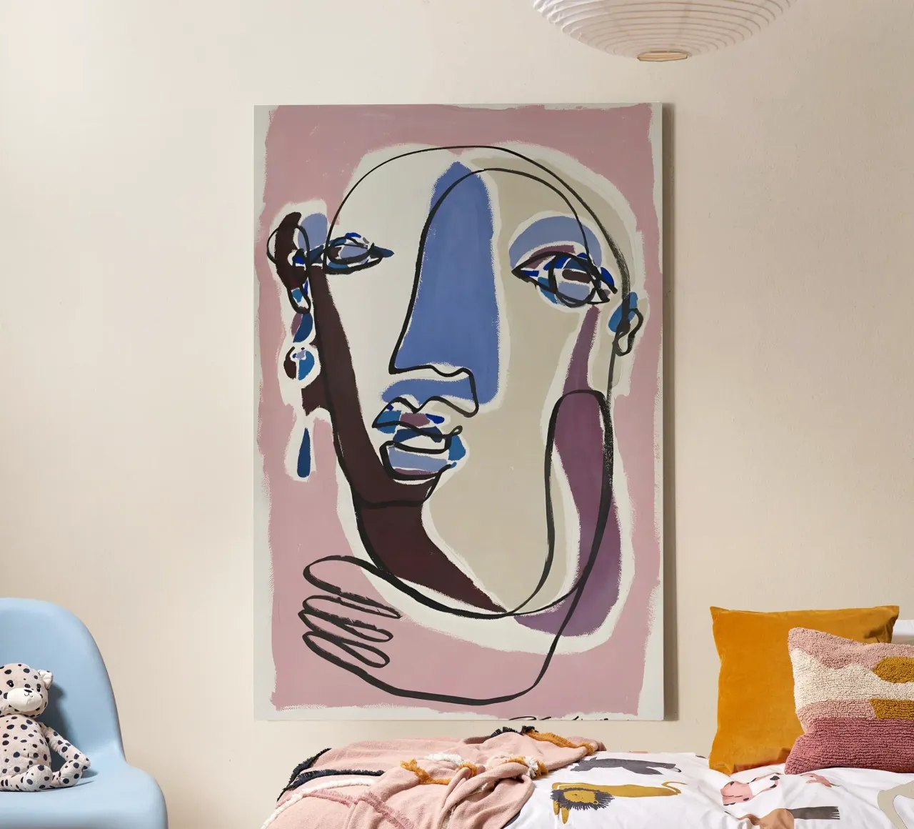 Abstract Face Continuous Line Art Pink Blue Purple canvas with Floater frame by homdeco