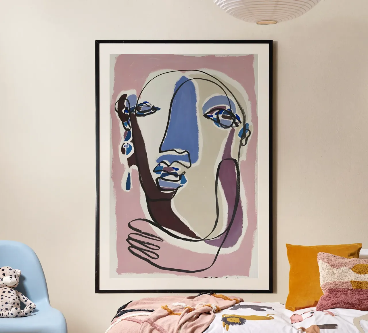 Volto astratto Arte lineare continua Rosa Blu Viola poster con telaio in legno da homdeco