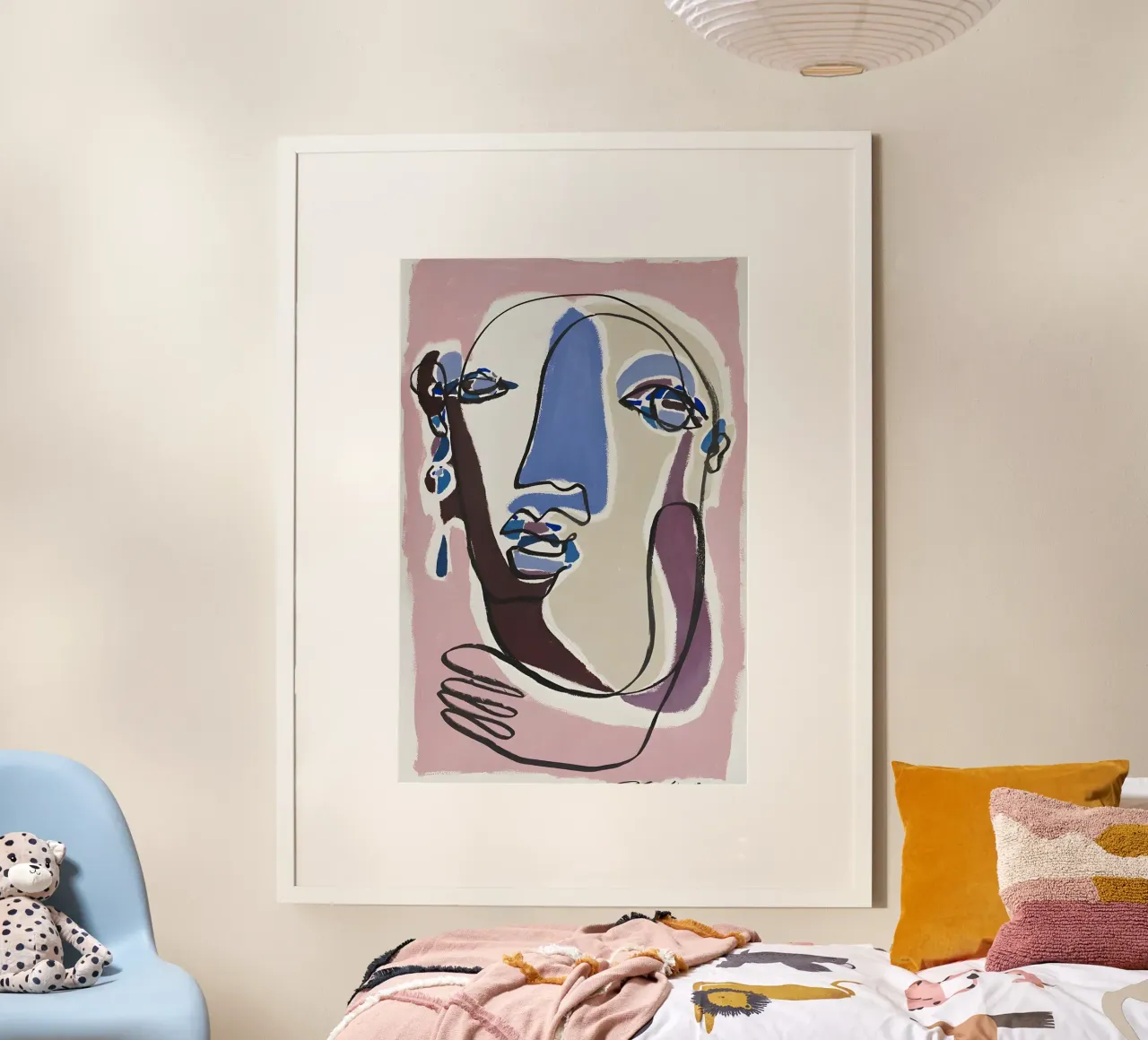 Volto astratto Arte lineare continua Rosa Blu Viola poster con telaio in legno da homdeco