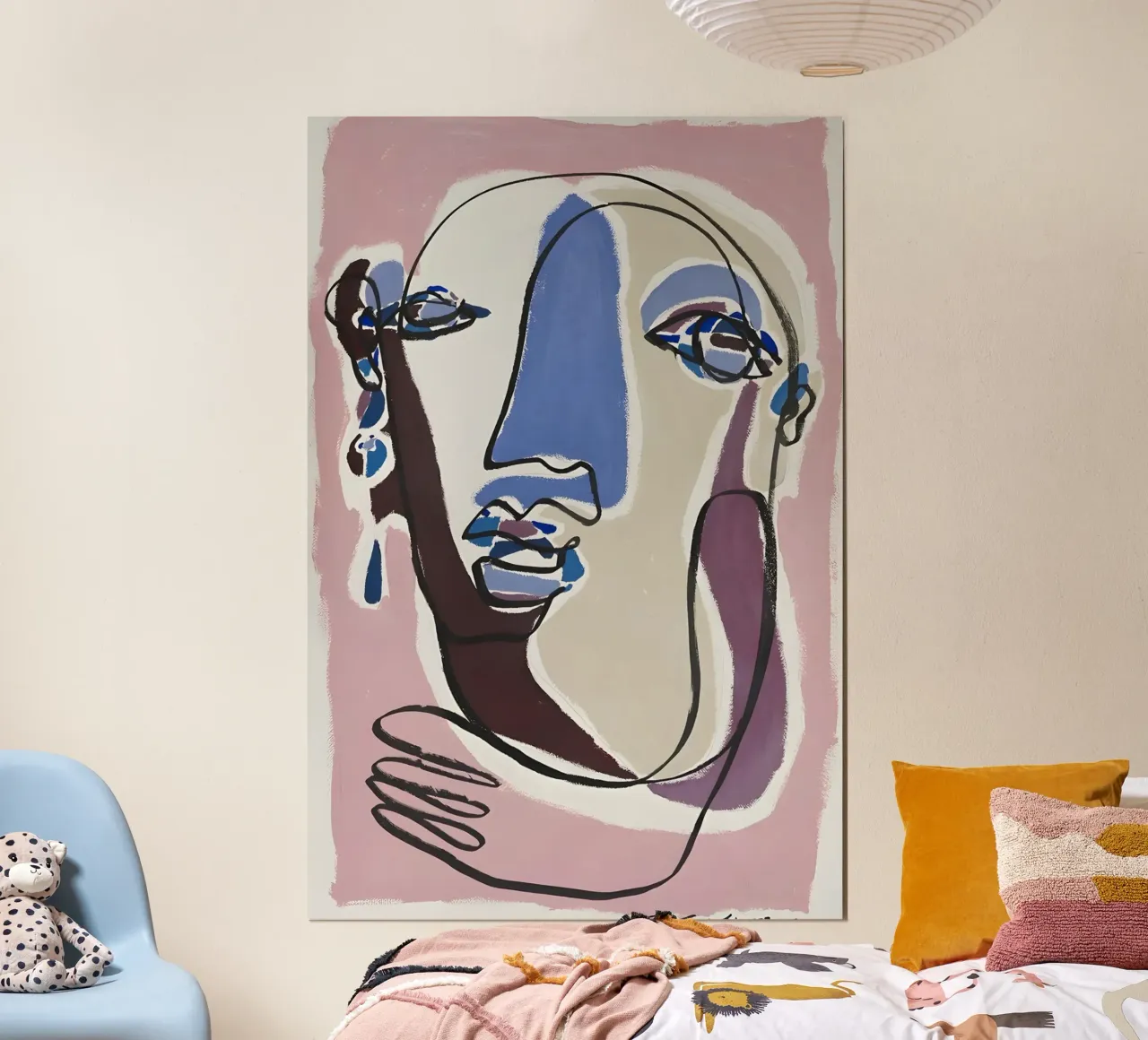 Volto astratto Arte lineare continua Rosa Blu Viola poster con telaio in legno da homdeco