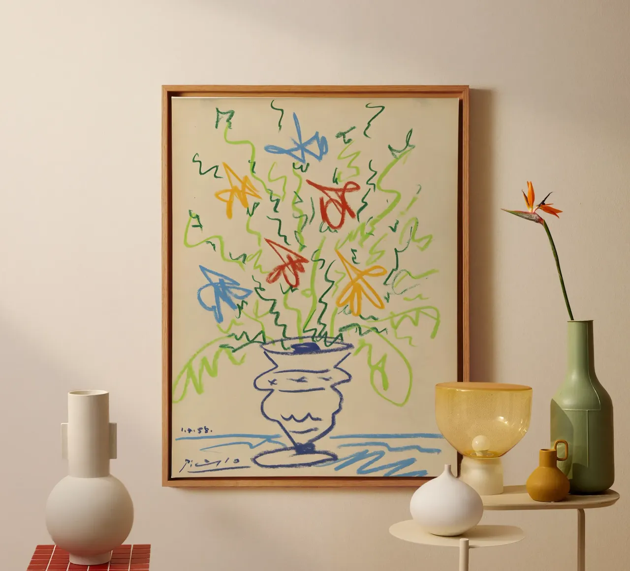 Picasso Bloemen in Vaas Abstracte Schets Art Print canvas met Baklijst van homdeco