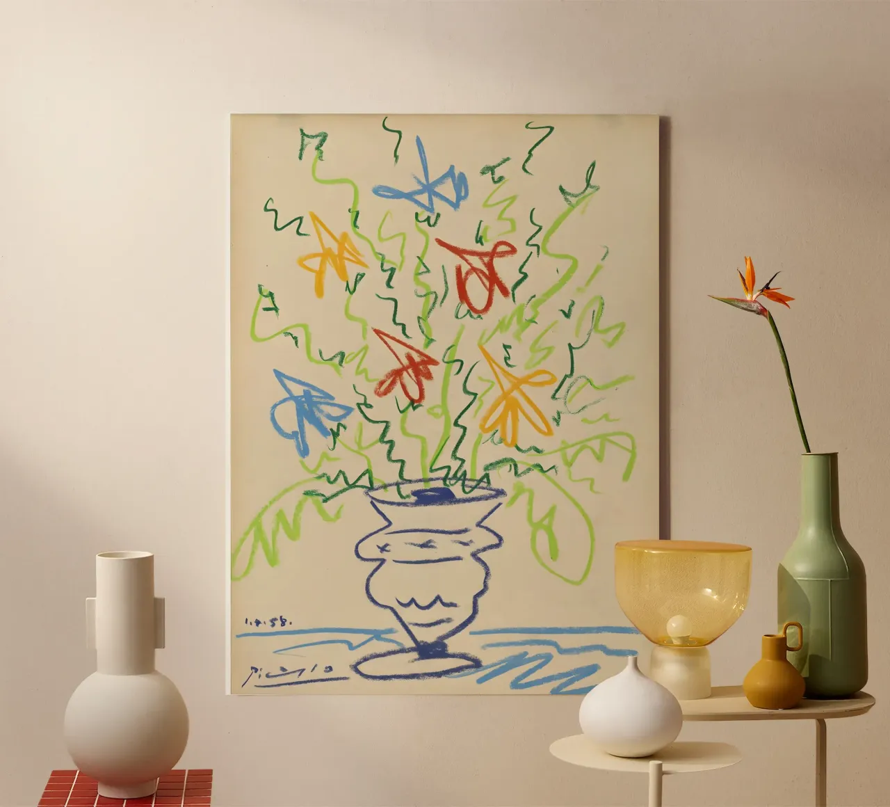 Picasso Bloemen in Vaas Abstracte Schets Art Print canvas met Baklijst van homdeco