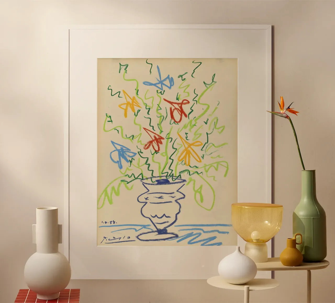 Picasso Flowers in Vase Abstract Sketch Art Print poster avec cadre en aluminium de homdeco