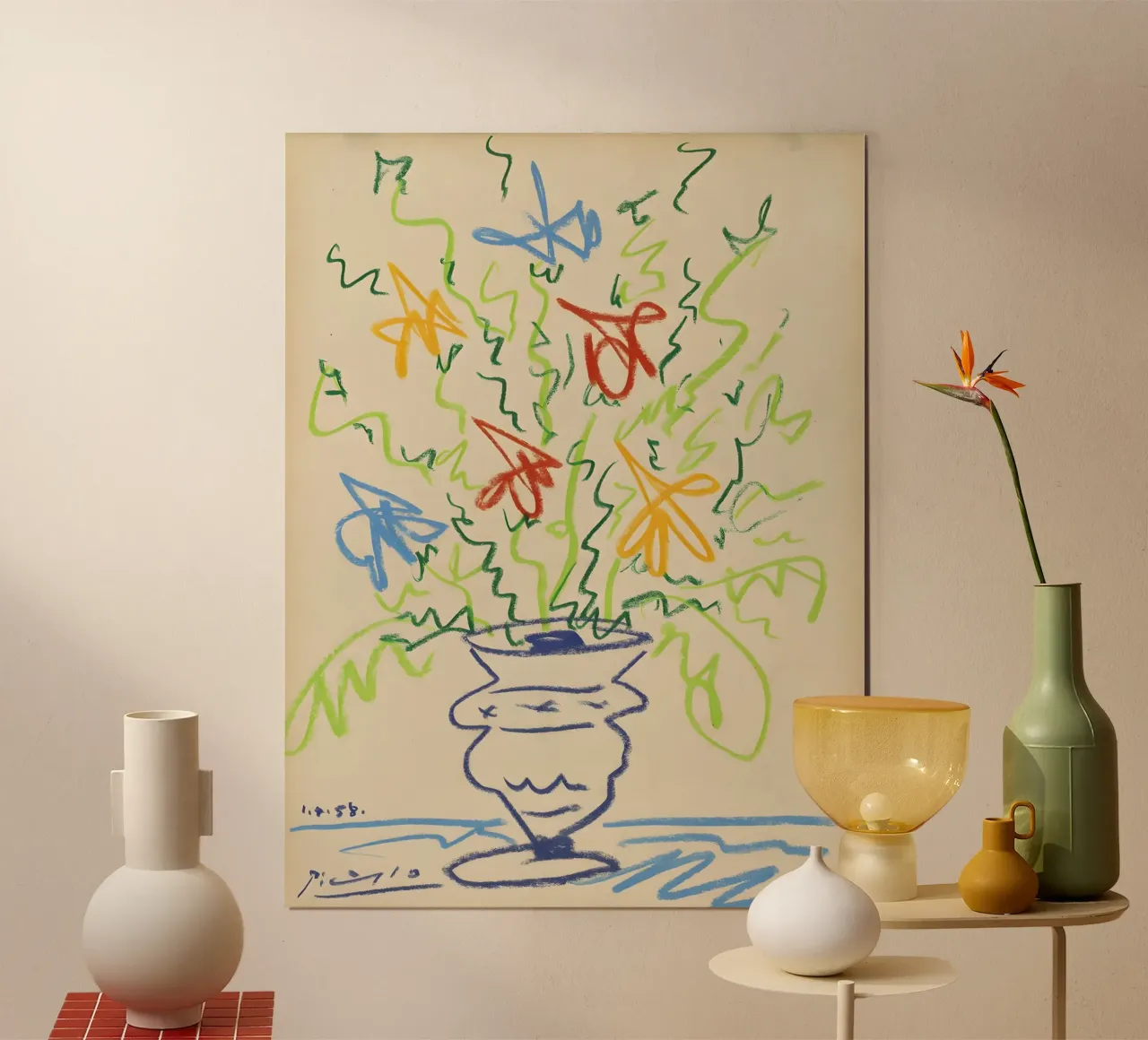 Picasso Flowers in Vase Abstract Sketch Art Print poster avec cadre en aluminium de homdeco