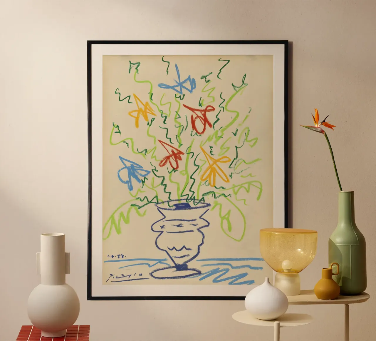 Picasso Flowers in Vase Abstract Sketch Art Print poster avec cadre en aluminium de homdeco
