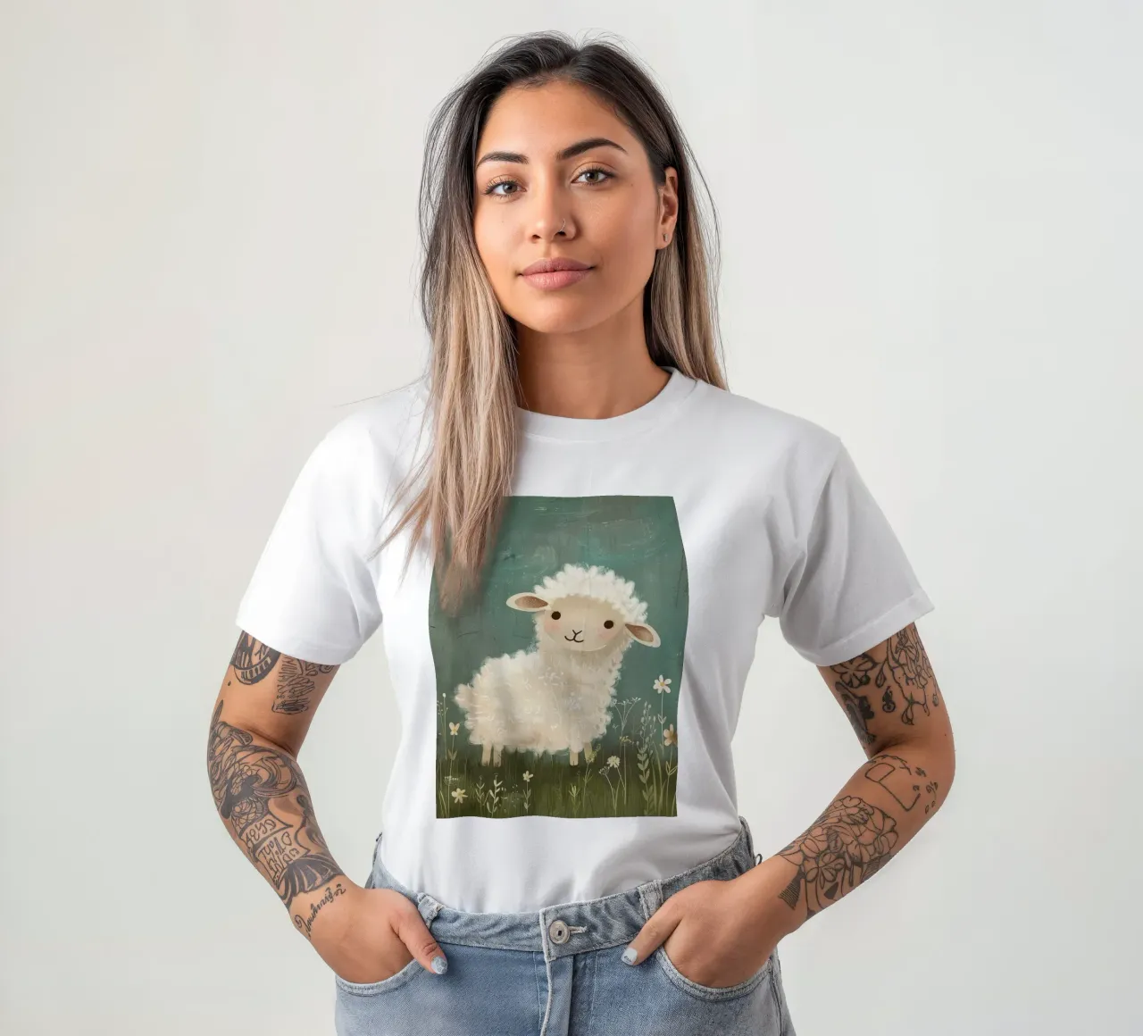 Simpatico agnello di peluche in piedi tra i fiori di campo in un prato t-shirt da DesignDoodle