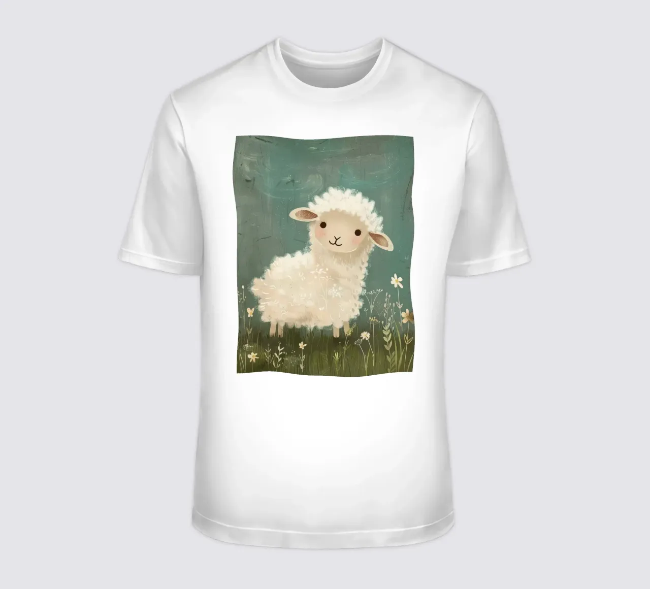 Simpatico agnello di peluche in piedi tra i fiori di campo in un prato t-shirt da DesignDoodle