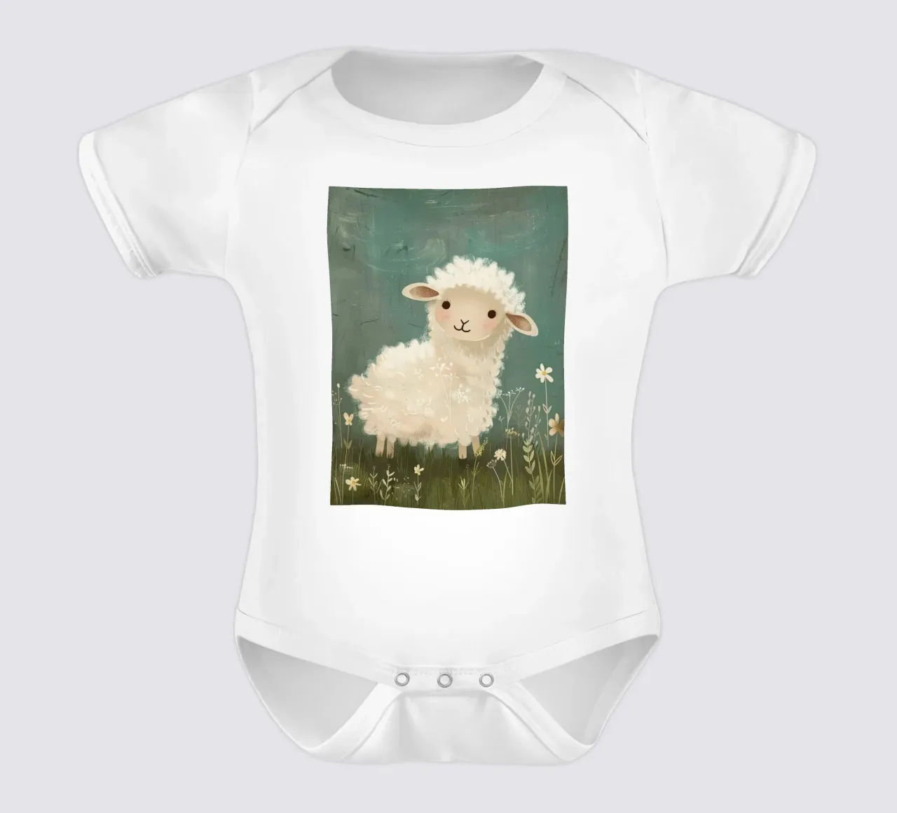 Simpatico agnello di peluche in piedi tra i fiori di campo in un prato body neonato maniche corte da DesignDoodle