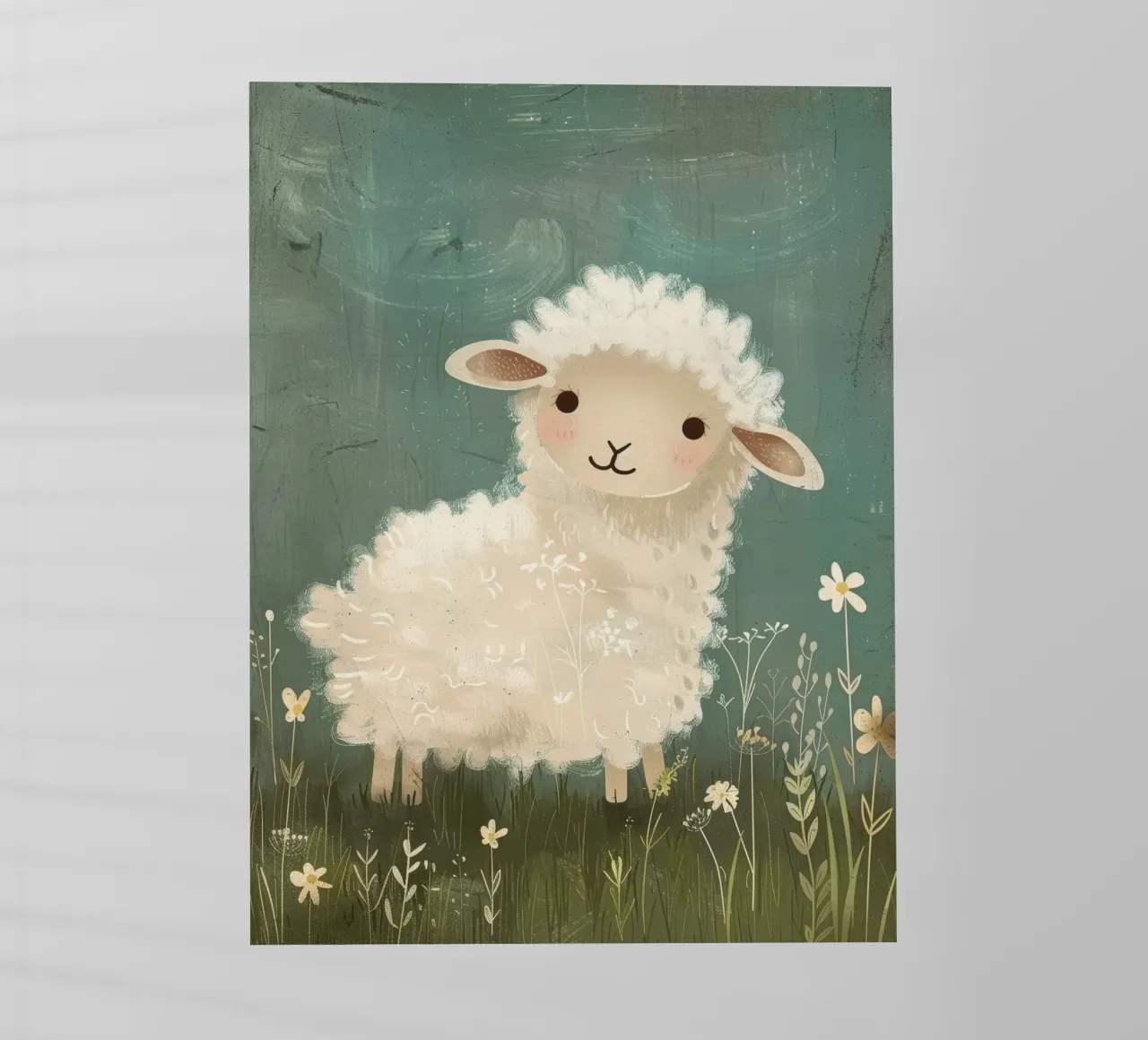 Simpatico agnello di peluche in piedi tra i fiori di campo in un prato pellicola backlit da DesignDoodle