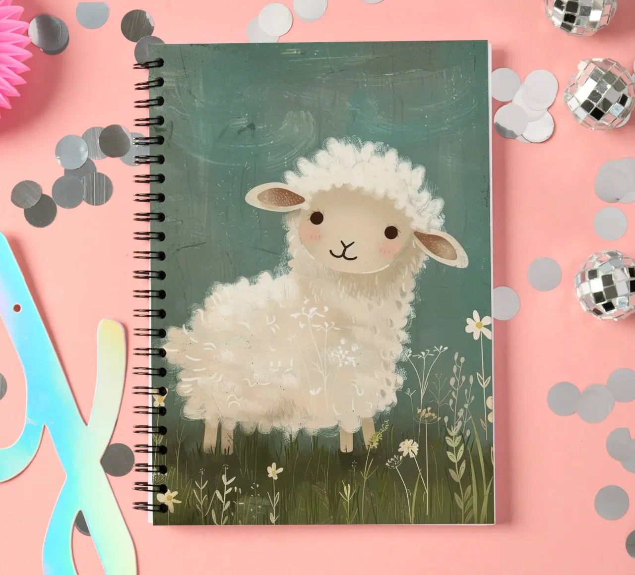Mignon agneau duveteux debout parmi les fleurs sauvages dans une prairie. carnet à spirale de DesignDoodle