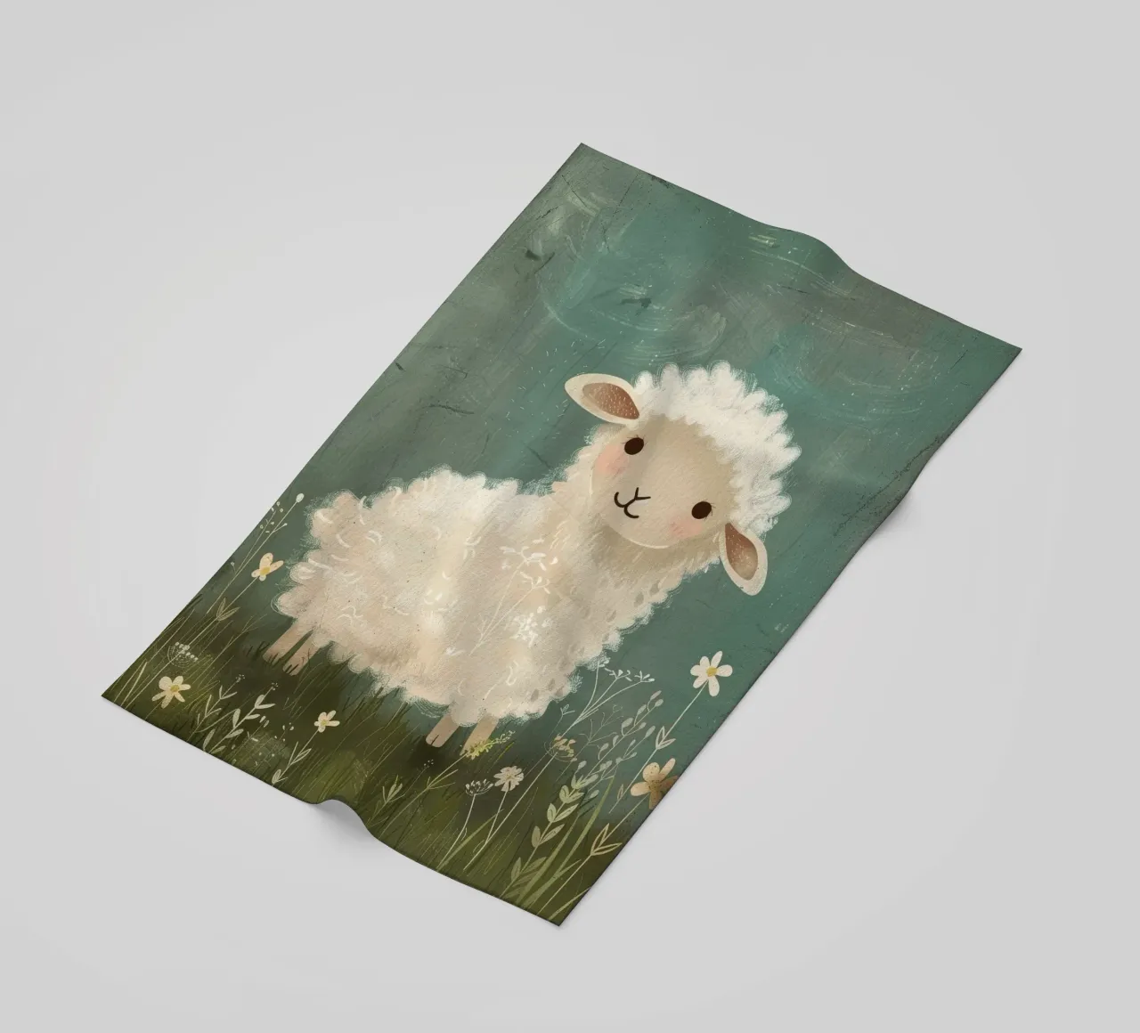 Simpatico agnello di peluche in piedi tra i fiori di campo in un prato telo mare da DesignDoodle