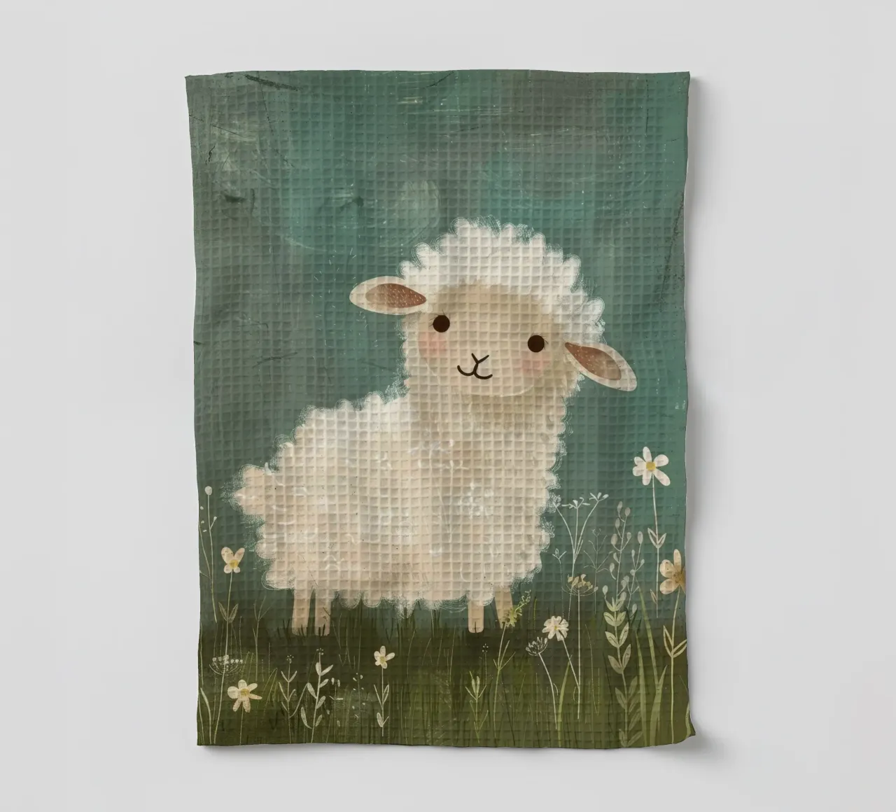 Simpatico agnello di peluche in piedi tra i fiori di campo in un prato canovaccio da cucina da DesignDoodle