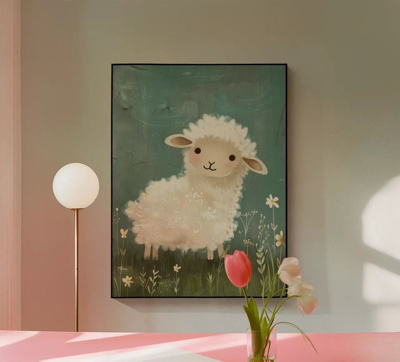 Simpatico agnello di peluche in piedi tra i fiori di campo in un prato plexiglass da DesignDoodle