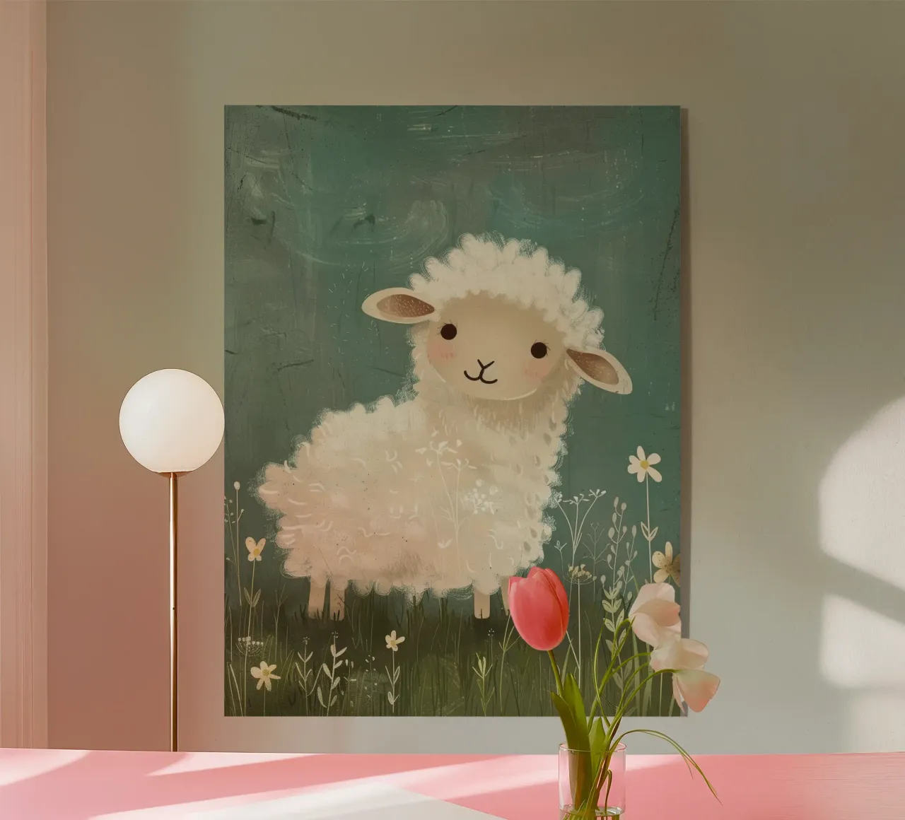 Simpatico agnello di peluche in piedi tra i fiori di campo in un prato plexiglass da DesignDoodle