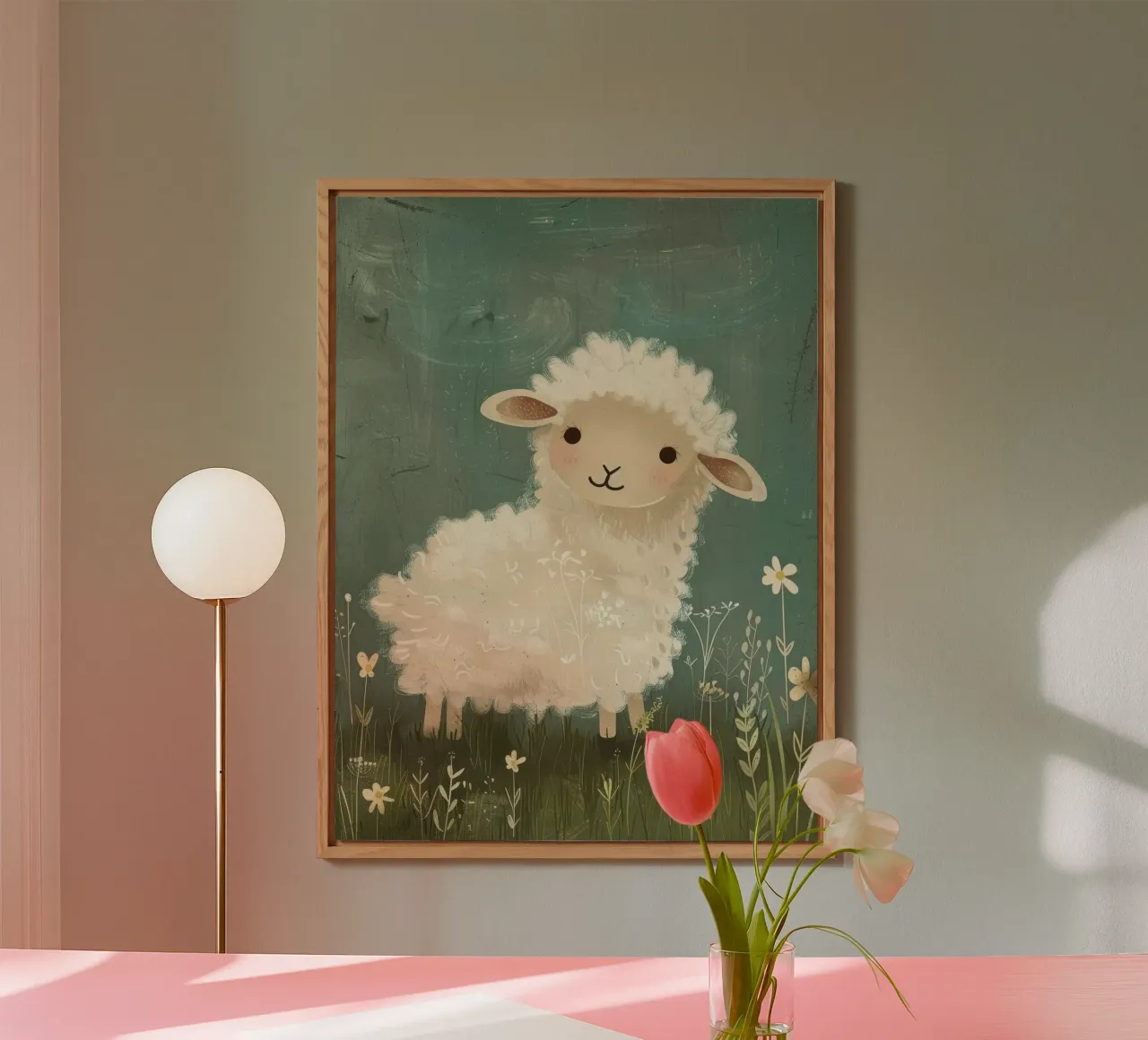 Simpatico agnello di peluche in piedi tra i fiori di campo in un prato alluminio dibond da DesignDoodle