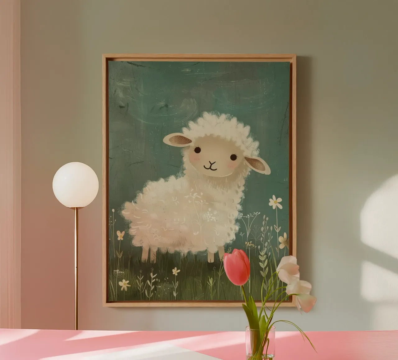 Simpatico agnello di peluche in piedi tra i fiori di campo in un prato tela con Cornice a cassetta da DesignDoodle