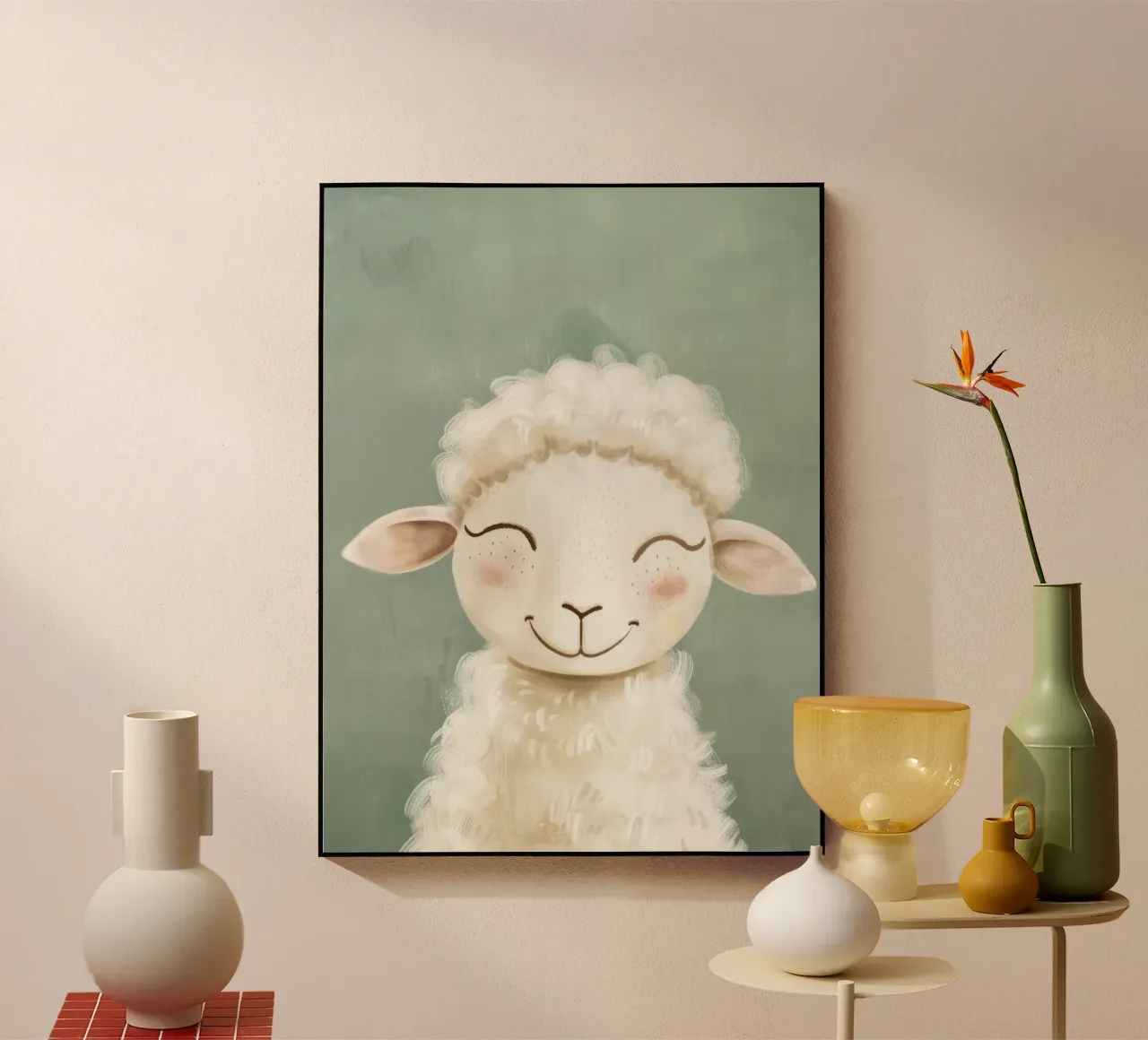 Cute cartoon sheep smiling with fluffy wool acrylic glass by DesignDoodle