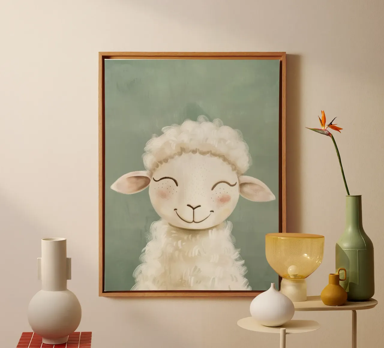 Cute cartoon sheep smiling with fluffy wool canvas by DesignDoodle
